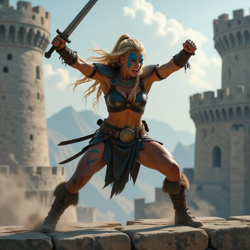 Fierce Barbarian Warrior Throws Enemy from Fortress