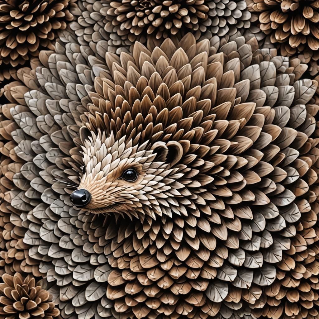 Intricate 3D Hedgehog Illusion Emerging from Pinecone Scales