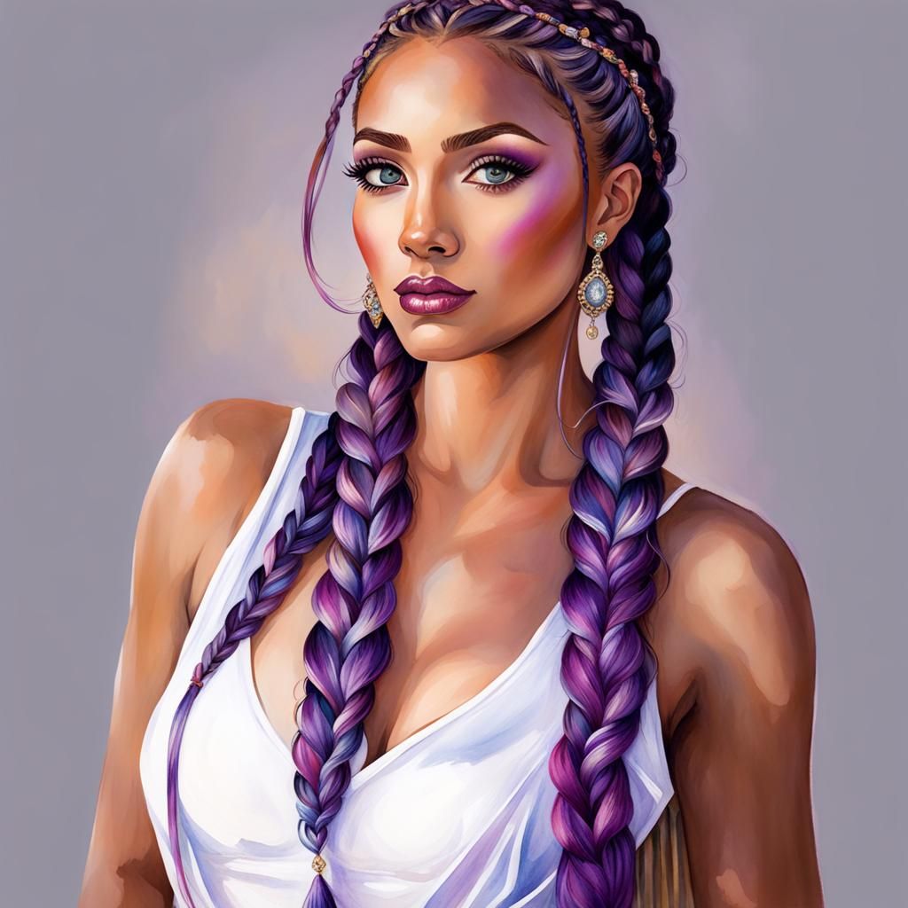 Watercolor Girl with Braids in Mountain Landscape