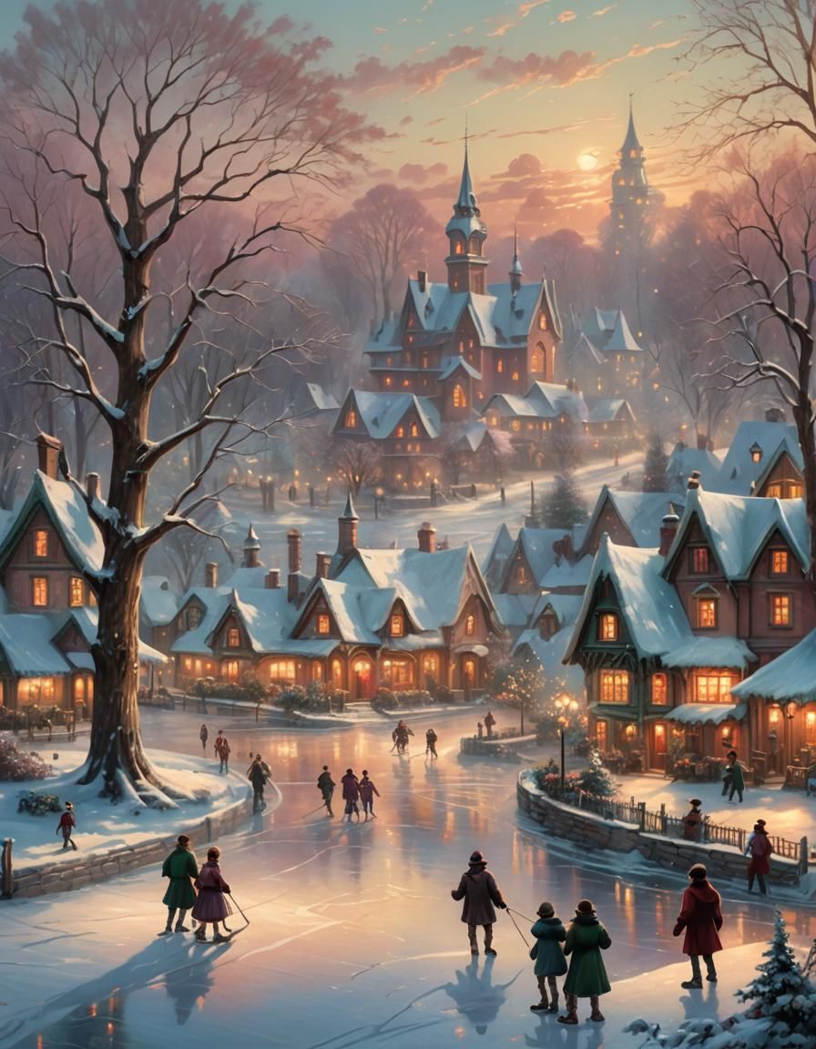 Victorian Village Ice Skating Pond in Fantasy Art