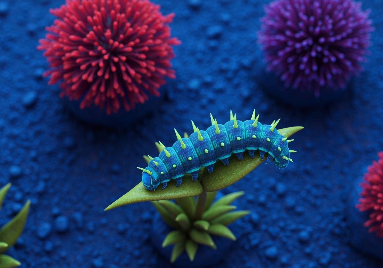 Alien Caterpillar on Bioluminescent Plant, Retro Sci-Fi Art