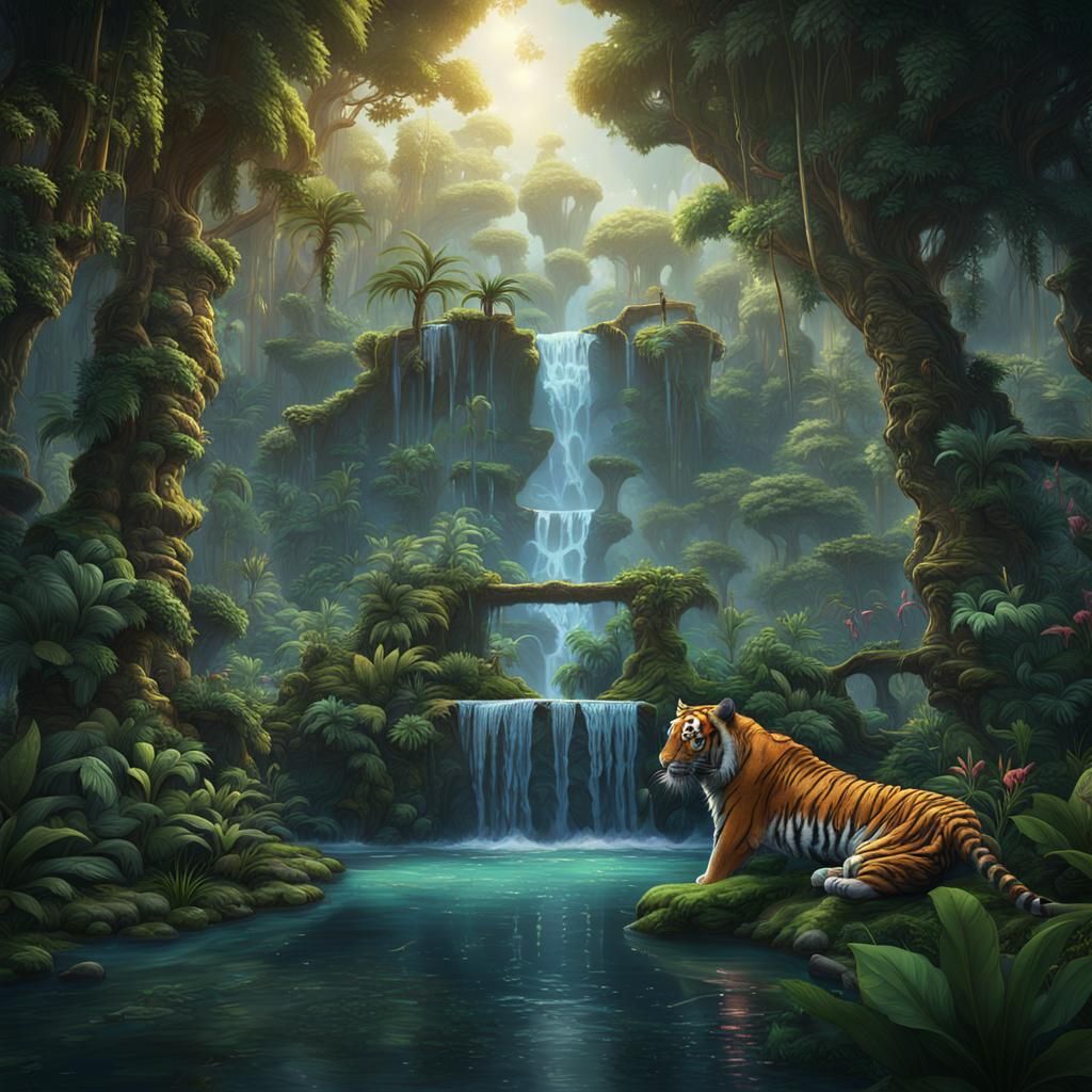 Magical Jungle Waterfall with Tiger, Detailed Matte Painting