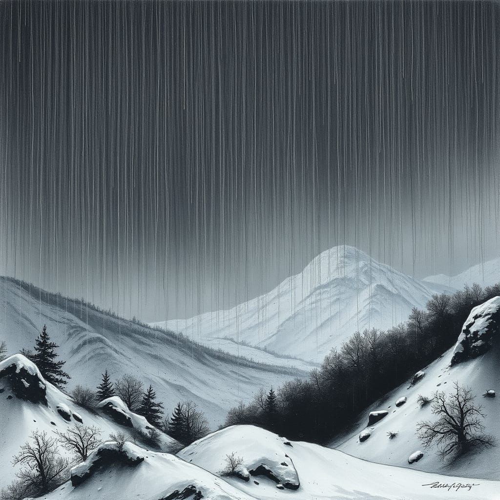 Black Rain on Snow in Dark Realism Style