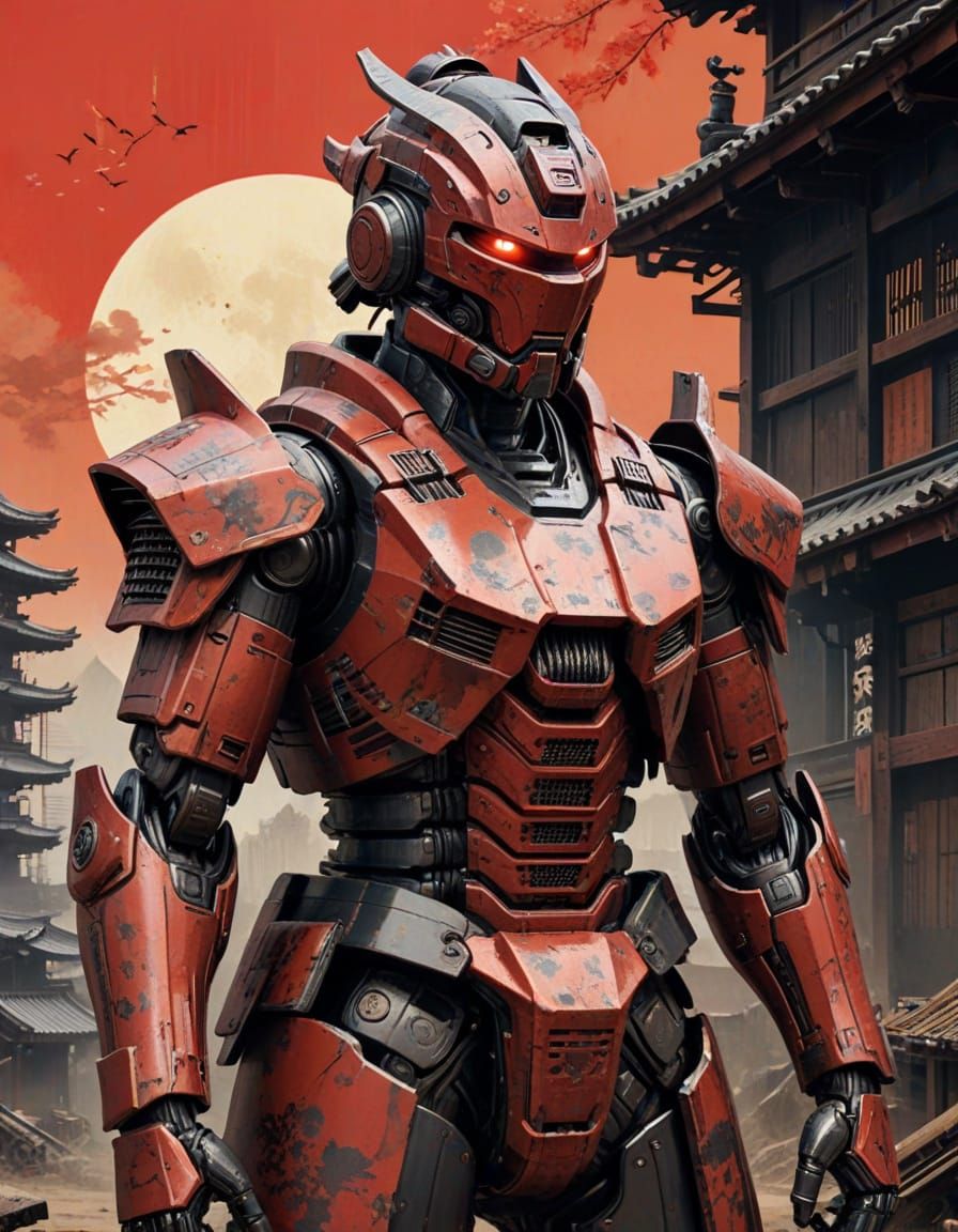 Mecha-Samurai of the Wasteland in Woodblock Print Style