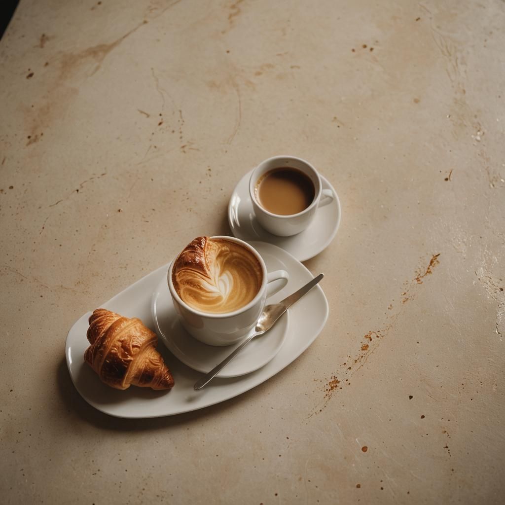 Croissant and Latte Still Life in Cinematic Style