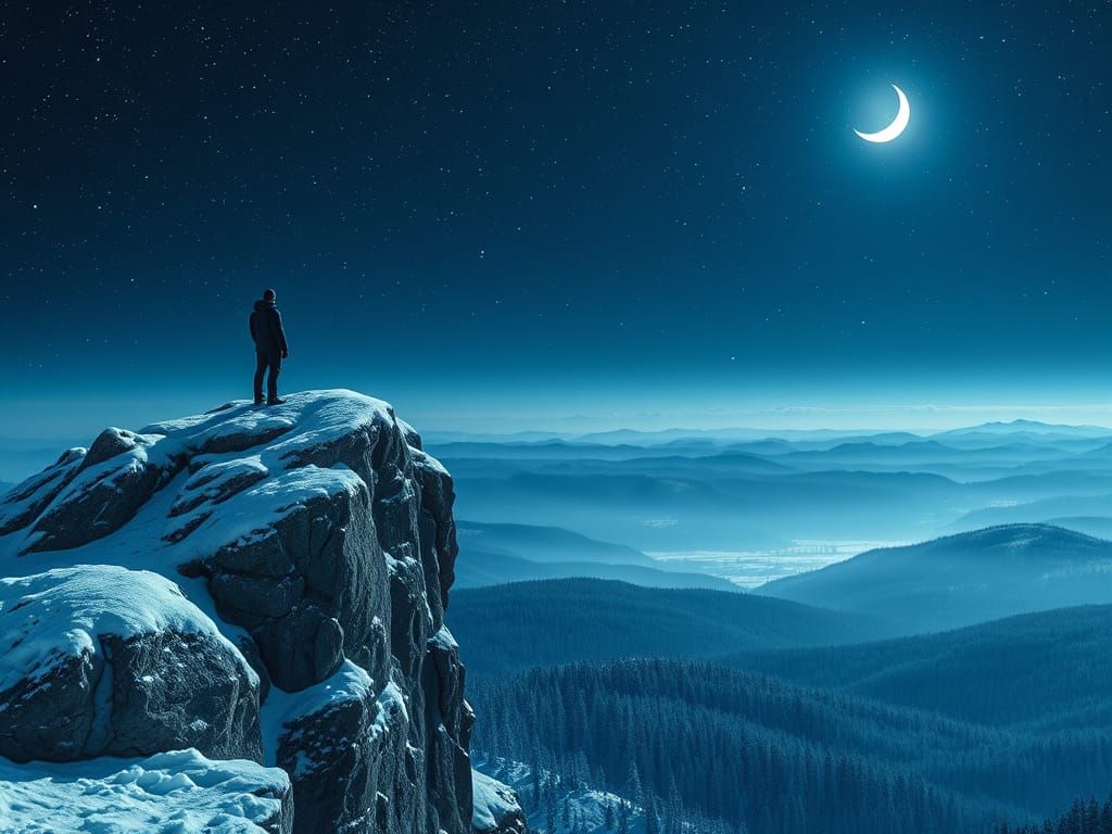 Moonlit Winter Landscape in Ethereal Blue Light