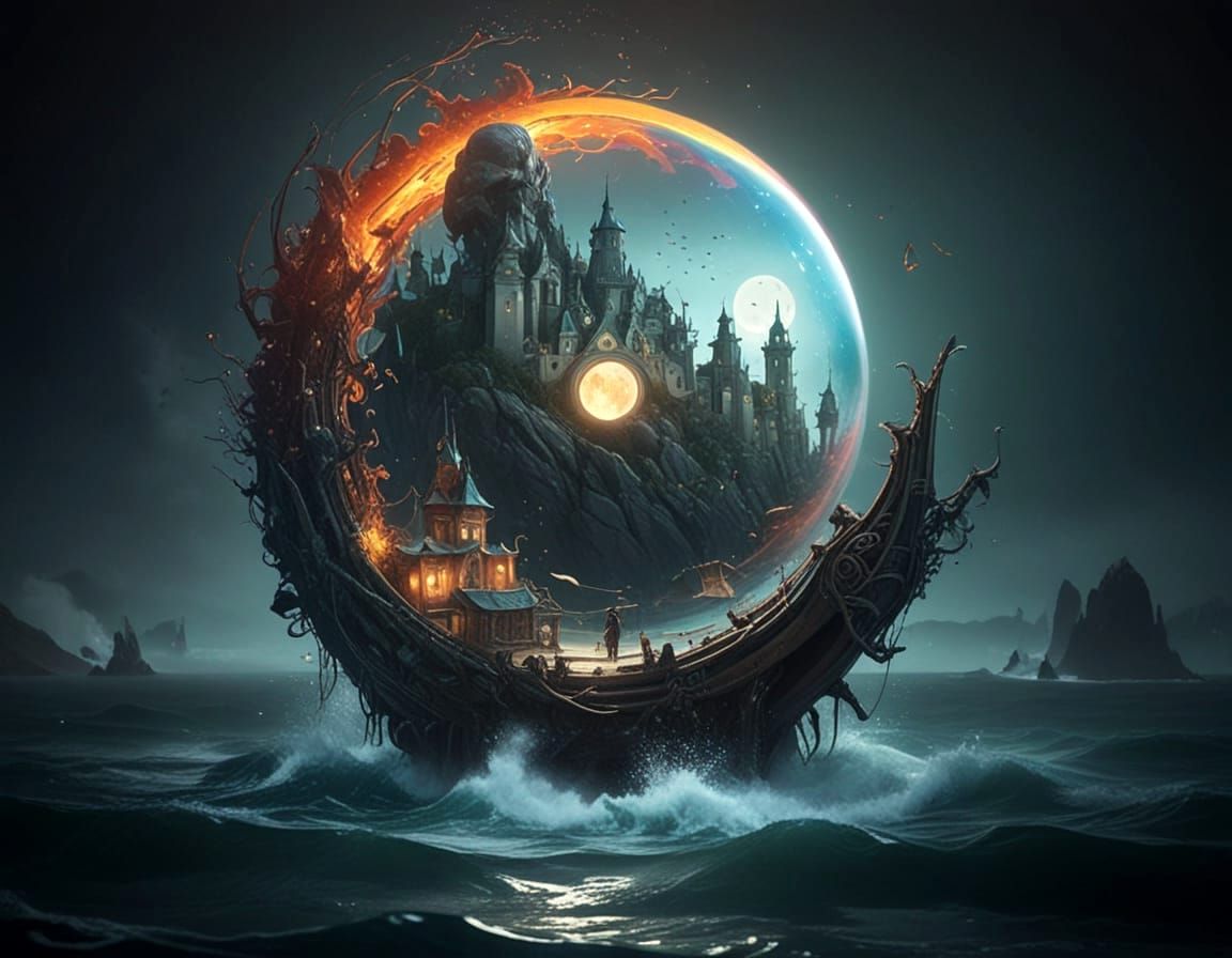 Surreal Water Masterpiece with Lighthouse and Schooner