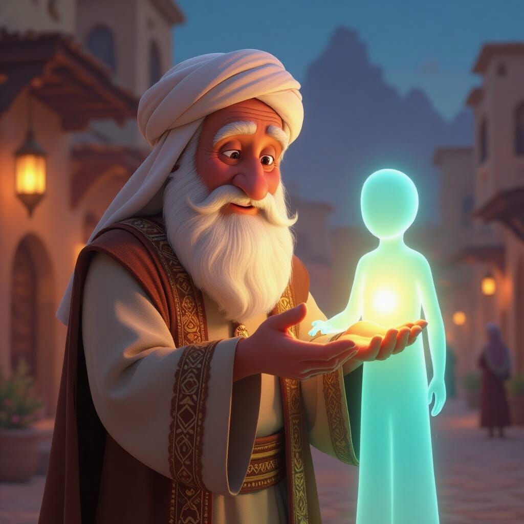 Kind Old Man Holds Glowing Light in Cartoon Style