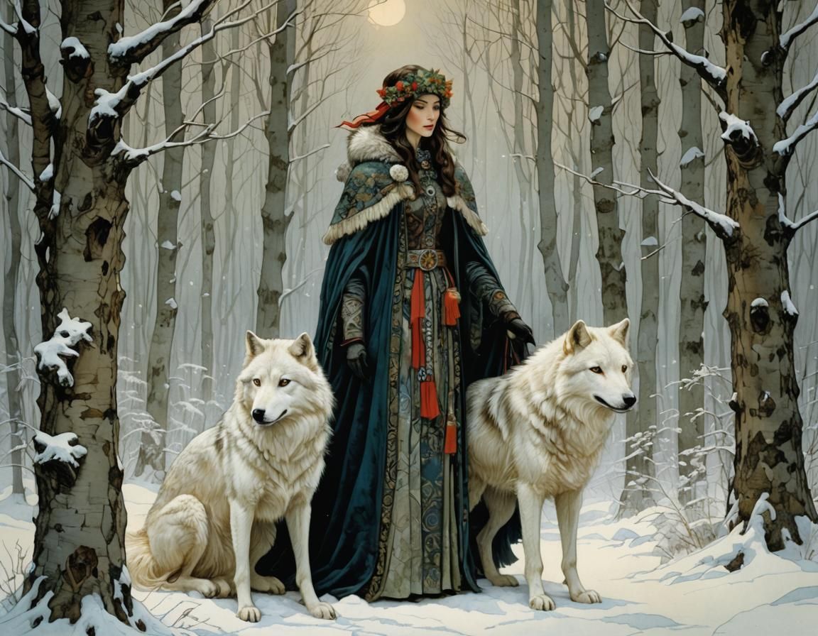 Winter Woods Woman with White Wolf, Illustrated Style