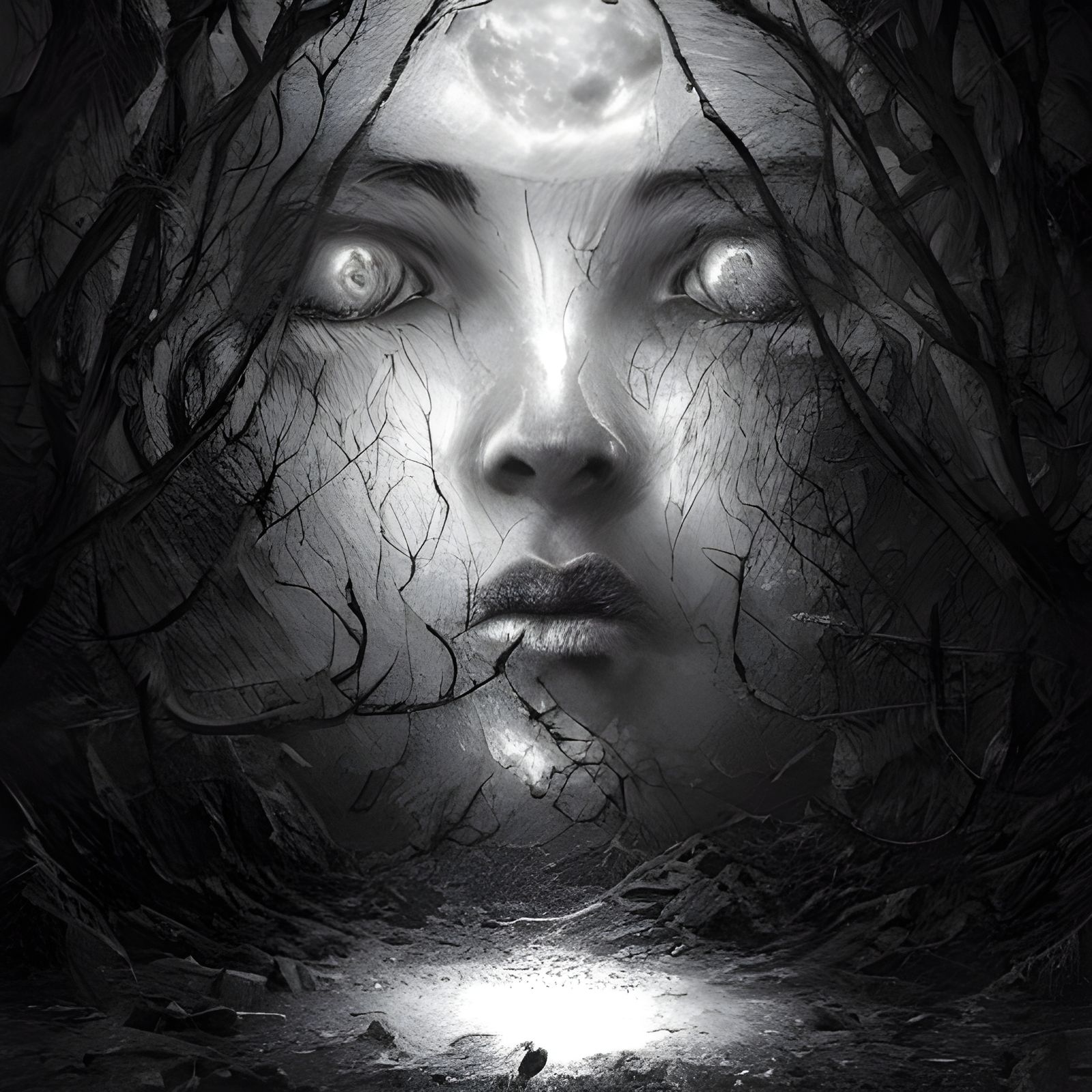 Monochromatic Moon Face Fantasy Illustration
