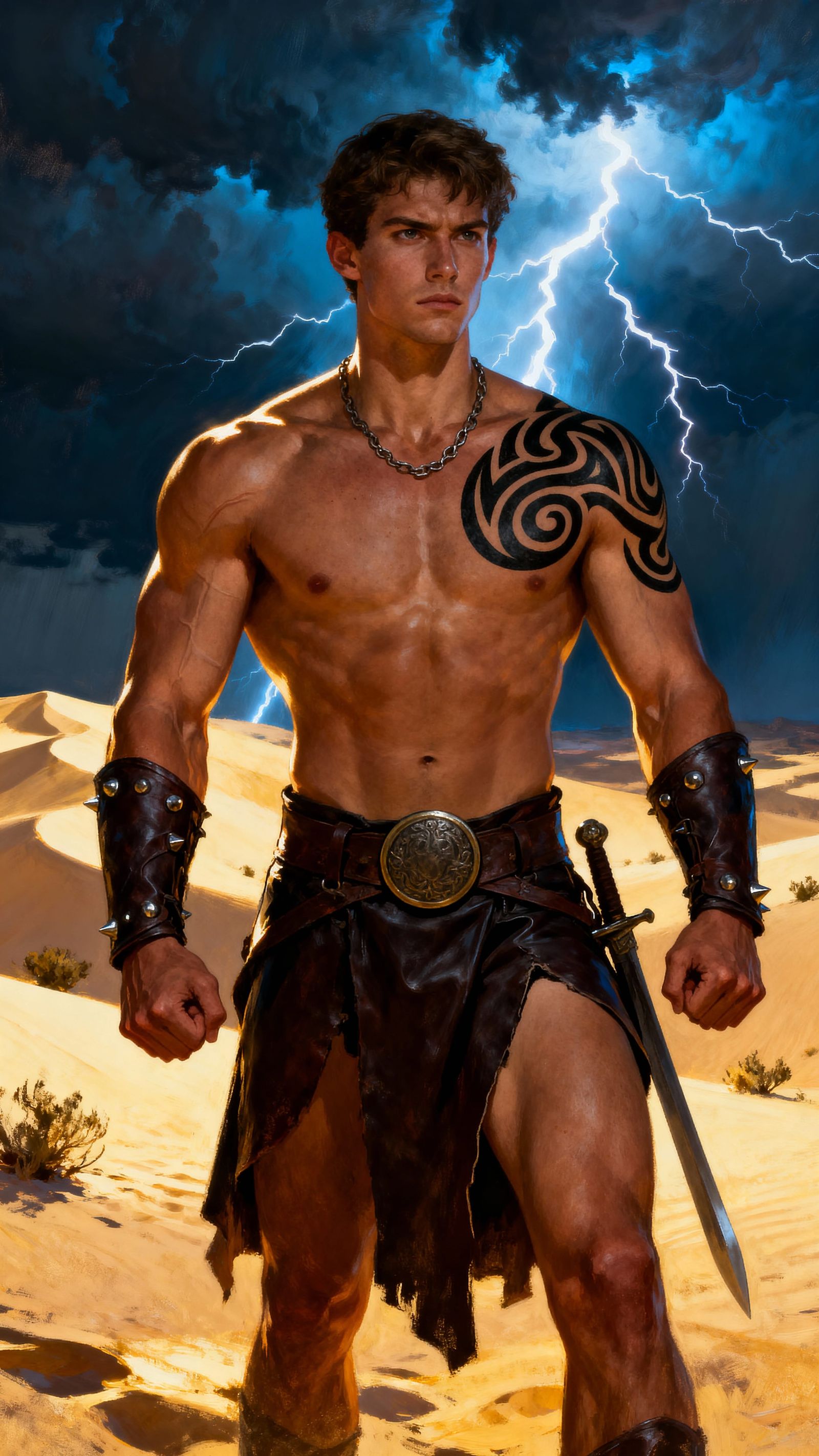Heroic Man in Desert Storm, Tribal Tattoo, Fantasy Portrait