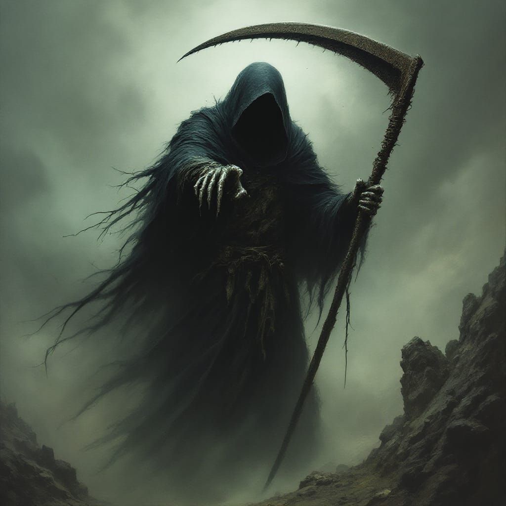Eerie Cloaked Figure with Scythe in Gothic Mist