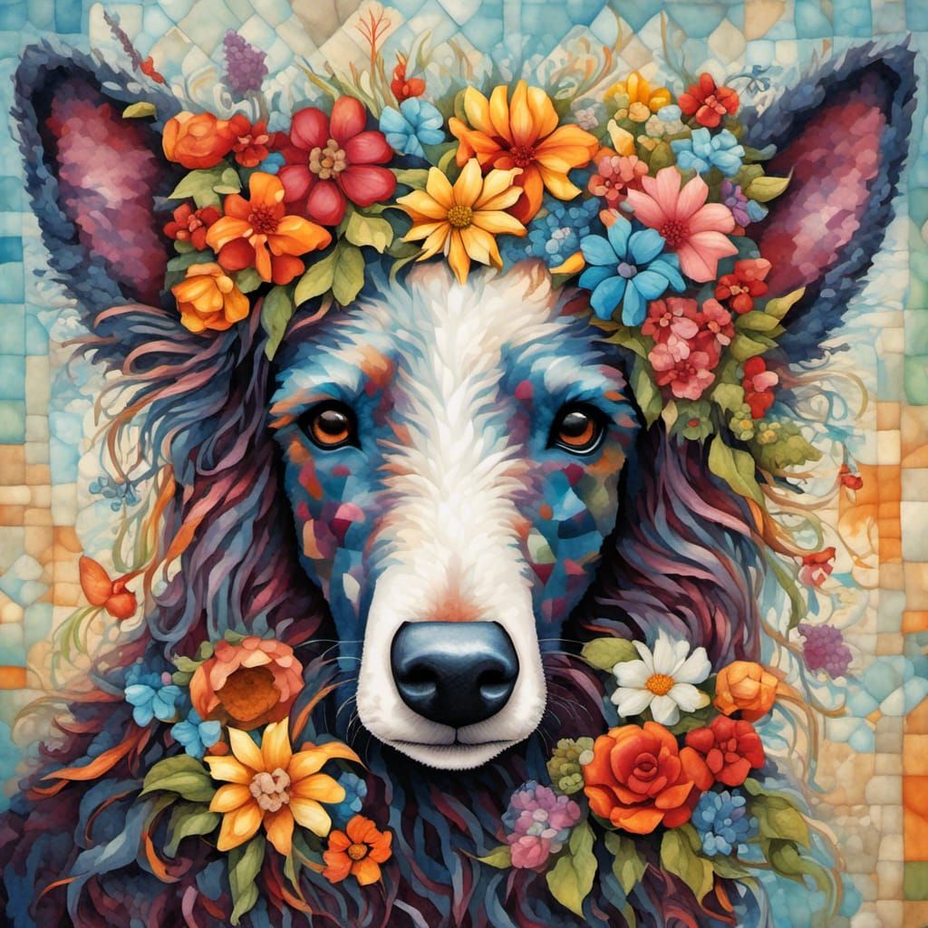 Puppies in Floral Tapestry, Mixed Media Art