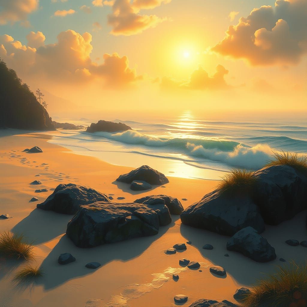 Serene Summer Beach in Hyperdetailed Gouache Style