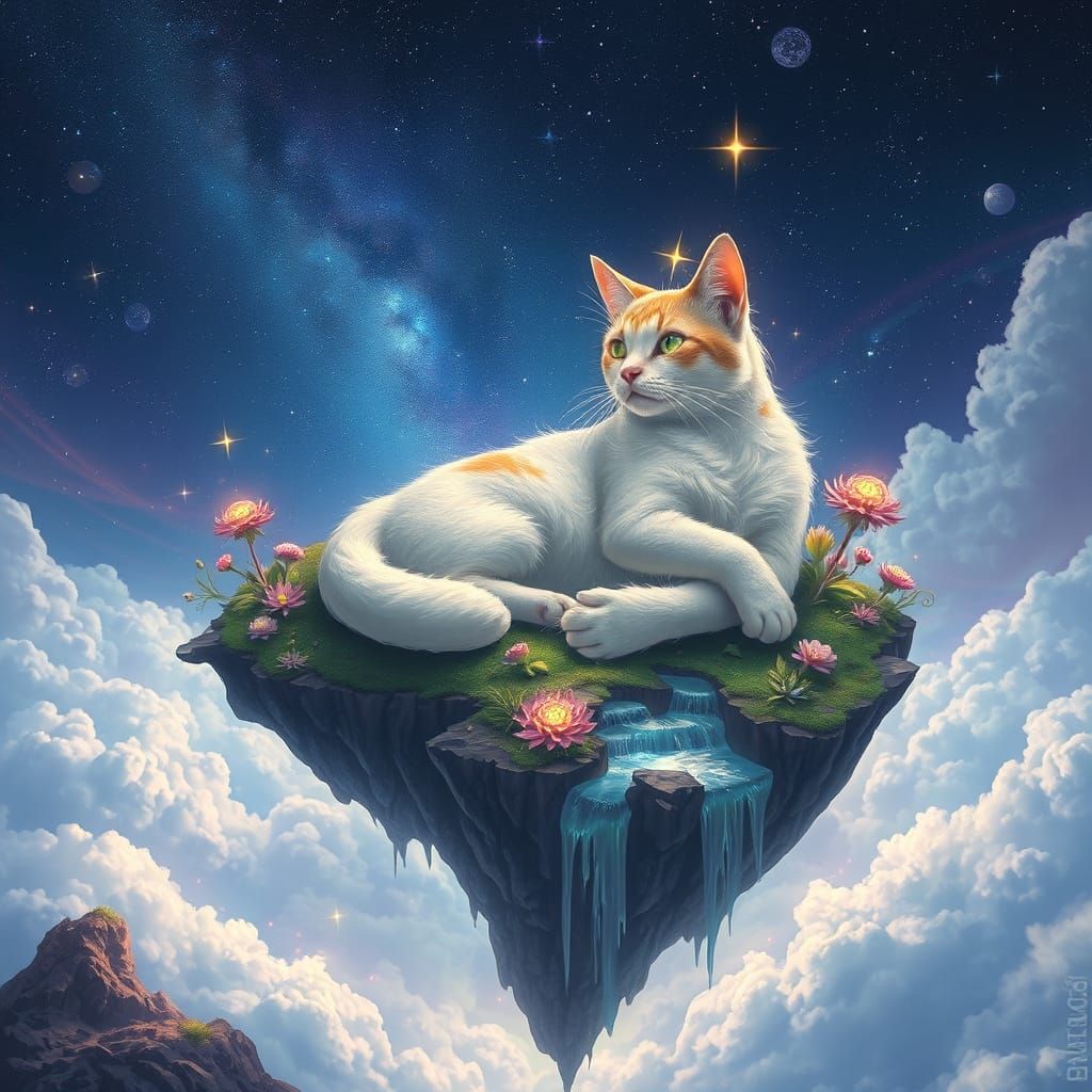 Celestial Cat Lounging on Floating Island