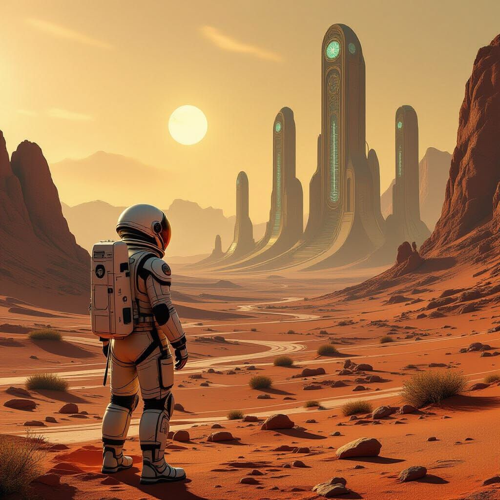 Astronaut on Alien Planet with Art Nouveau Ruins