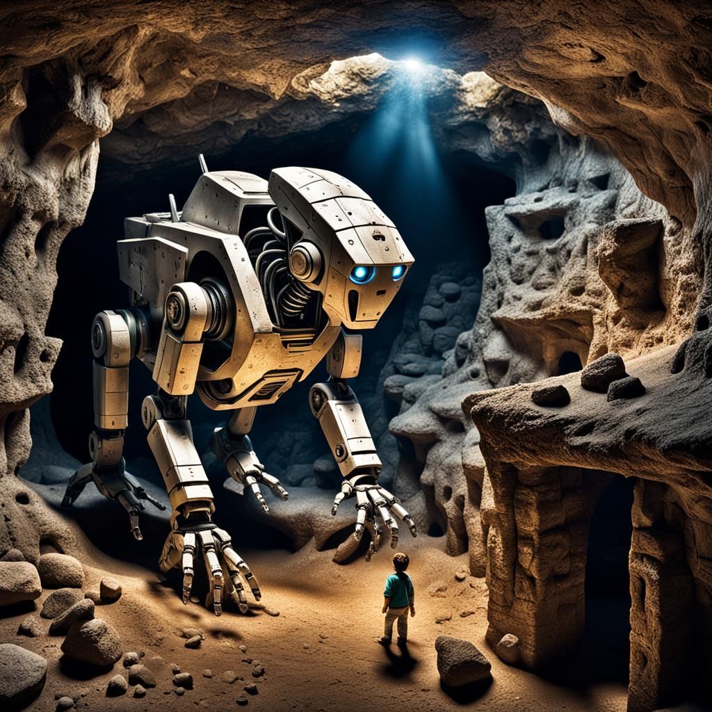 Robot and Caveman in Prehistoric Cave