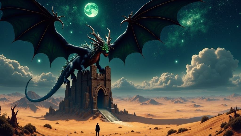 Colossal Dragon Over Starlit Desert Landscape