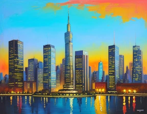 Vibrant Cityscape With Fountain In Impasto Oil Style