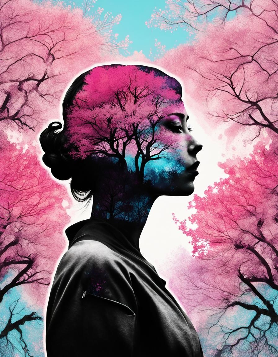 Double Exposure Portrait with Sakura Trees in Graffiti Art