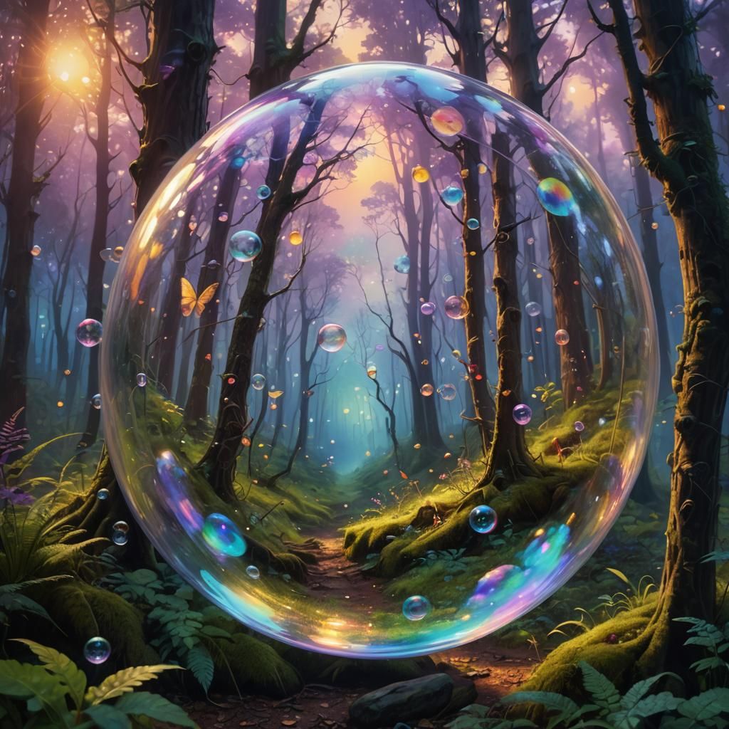 Mystical Forest Soap Bubble in Vibrant Oil Painting