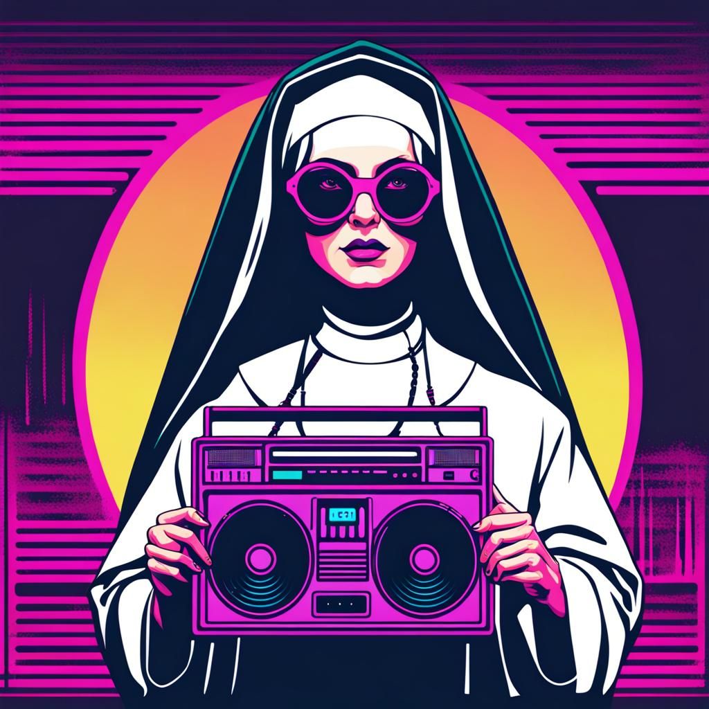 Nun with Boombox in Synthwave Neon Style