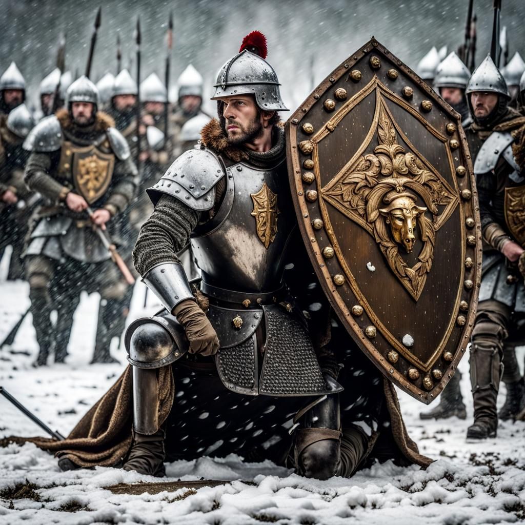 Exhausted Soldier with Boar Shield After Battle