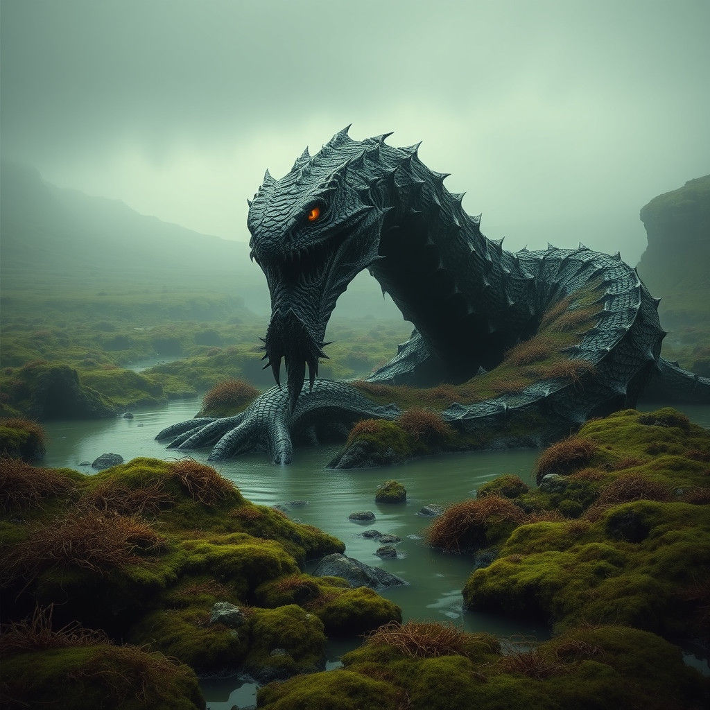 Serpentine Monster Emerges from Emerald Bog