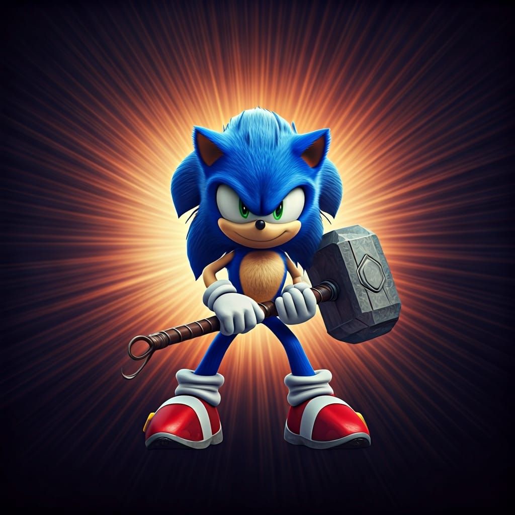 Sonic the Hedgehog with Thor's Hammer: 3D Digital Art