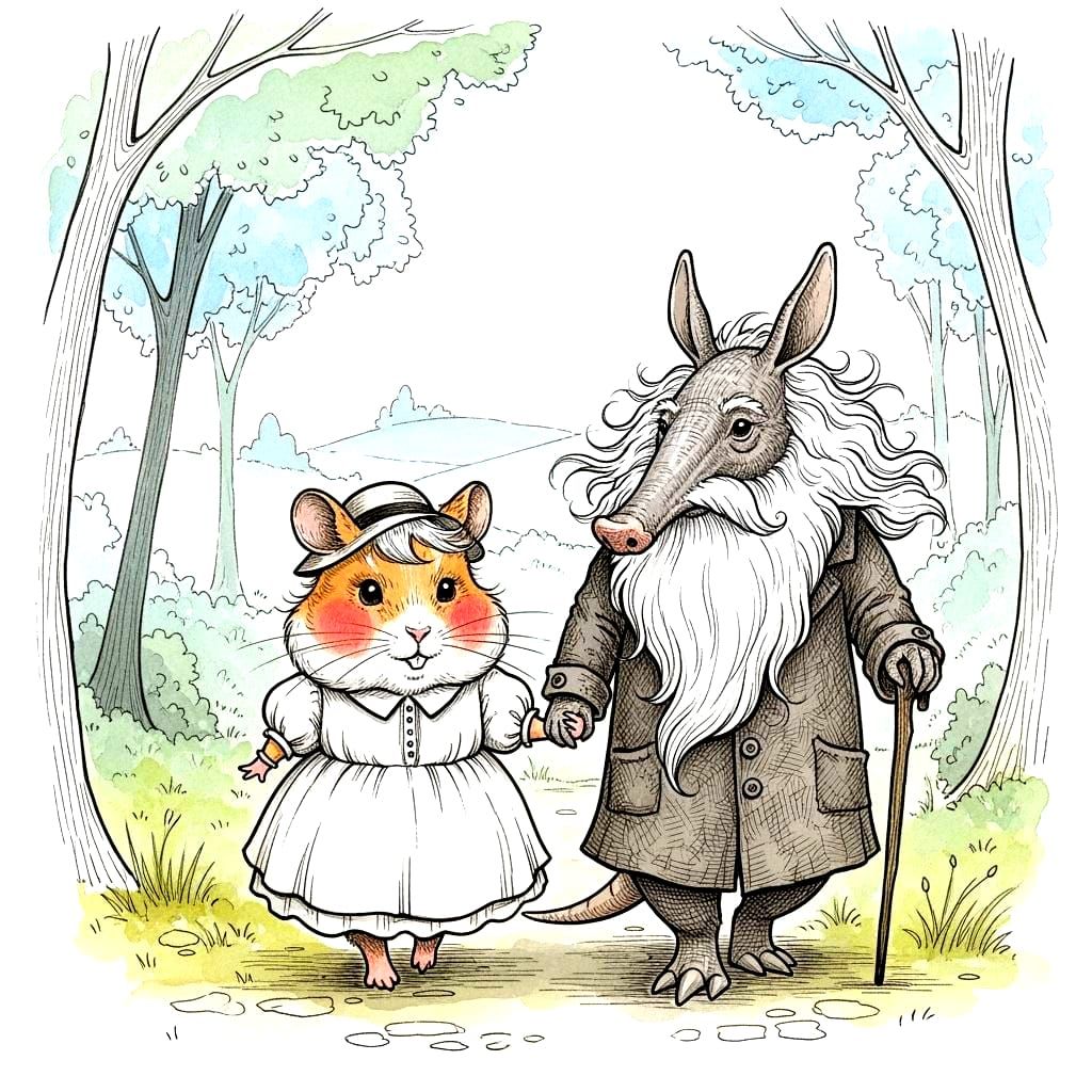 Cute Hamster and Aardvark Walk Hand in Hand