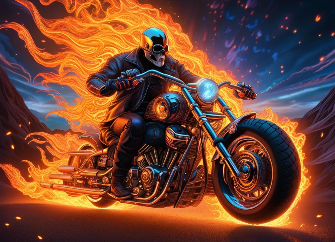 Ghost Rider on Flaming Motorcycle: Hyperrealistic 3D Art