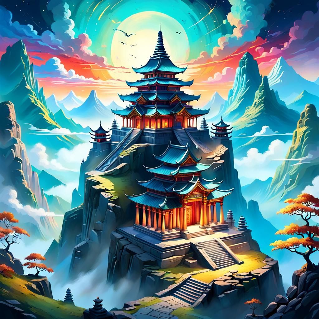 Ancient Temple on Mountain: Atmospheric Dreamscape