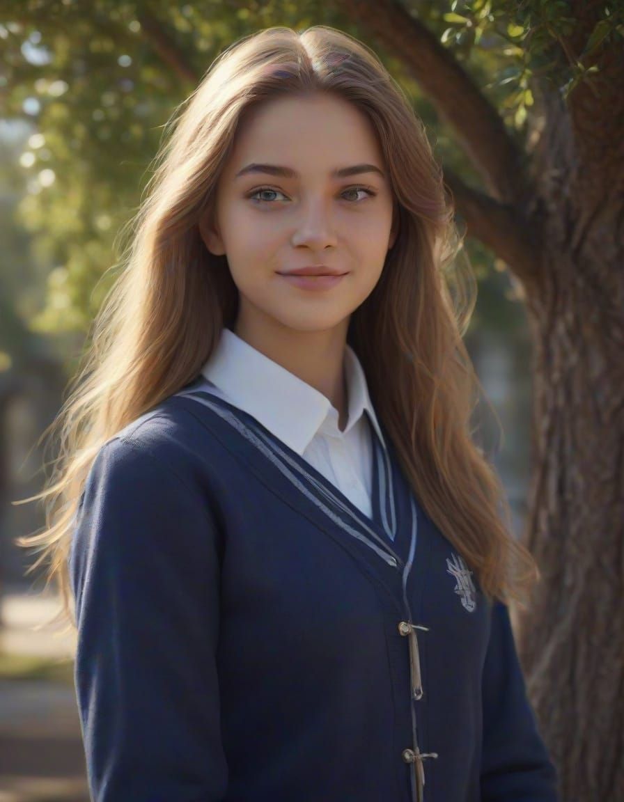 Young Woman in Navy Blue Sweater Smiles Under Tree in Fantas...