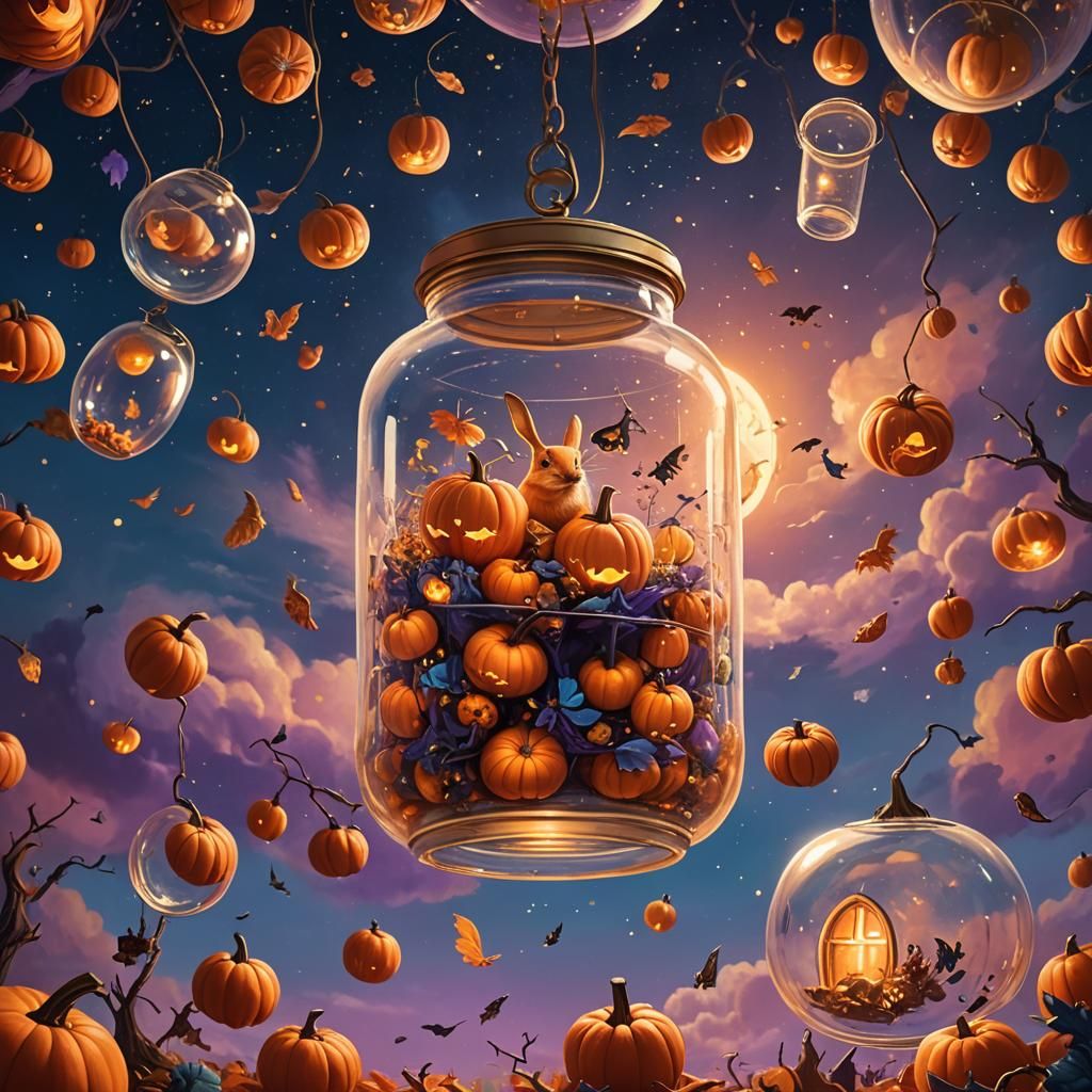 Dreamlike Surrealist Scene: Pumpkins, Rabbits, and Glass
