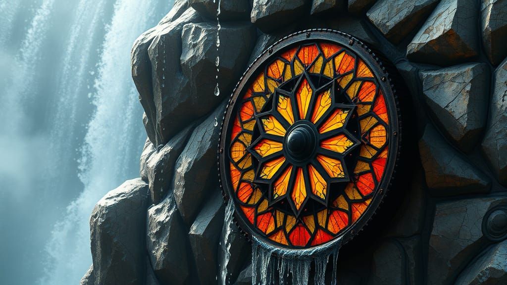 Stained Glass Waterwheel on Cliffside