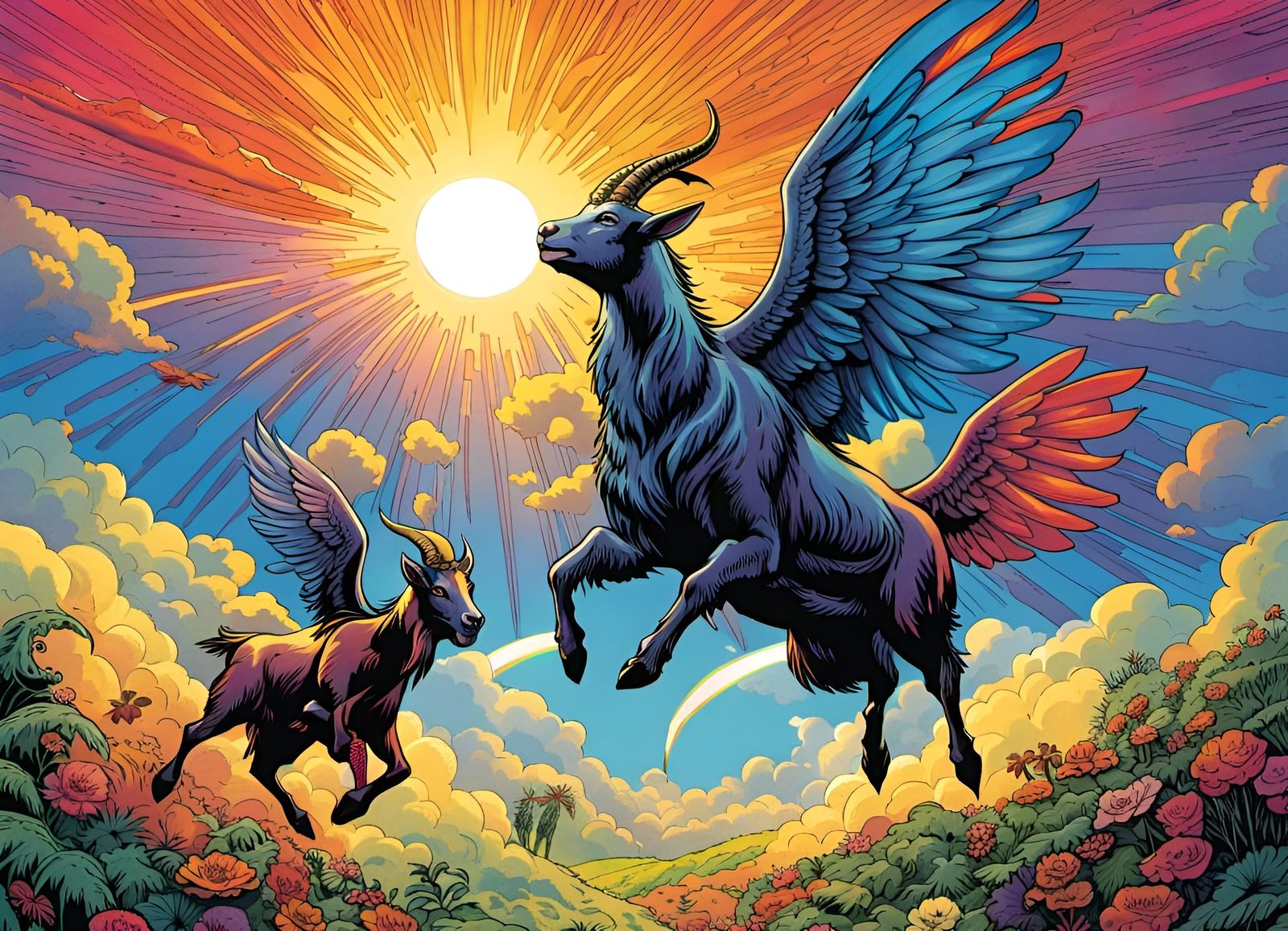 Flying Goats Over Rainbow in Comic Book Style