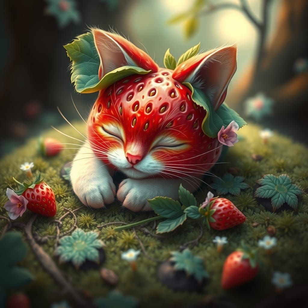 Surreal Strawberry Kitten in Dreamy Whimsical Realism