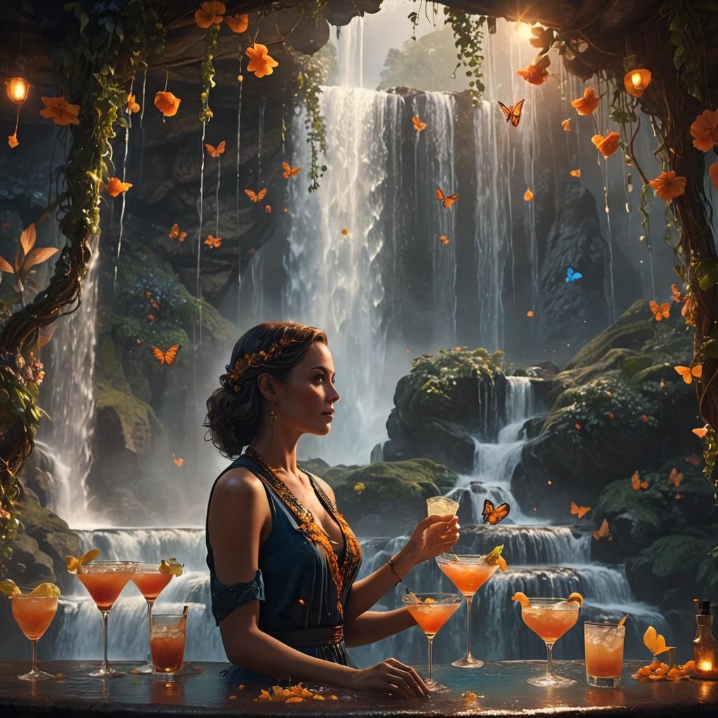 Fantasy Bartender Serving Cocktails by Waterfall