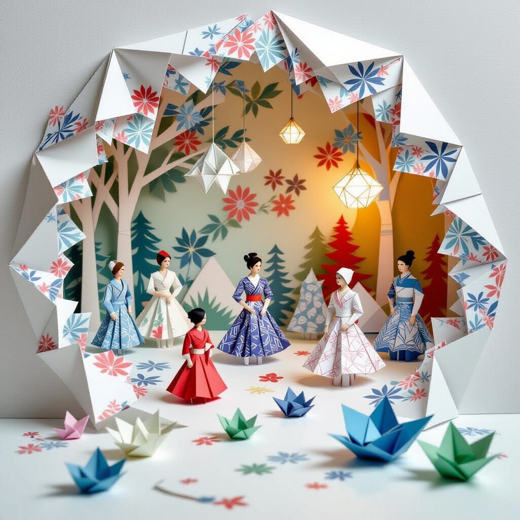 Origami Papercraft Scene with Zentangle-Inspired Details