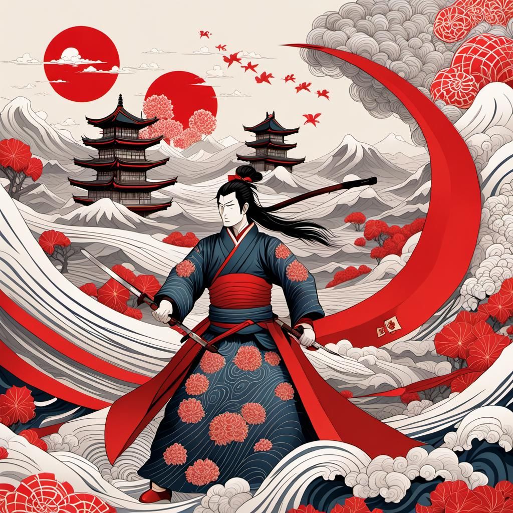 Edo Japan Shogun Archers in Ukiyo-e Style