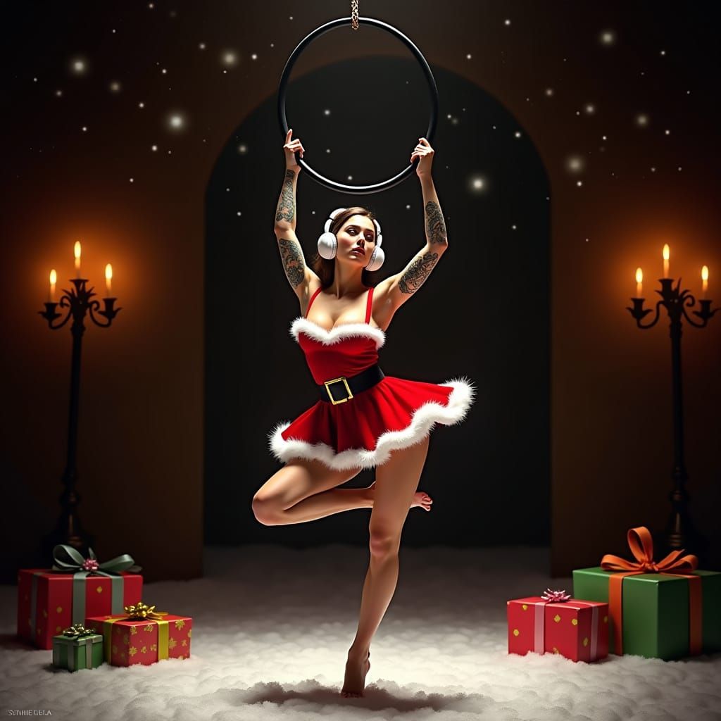 Aerial Hoop Dancer in Festive Holiday Setting
