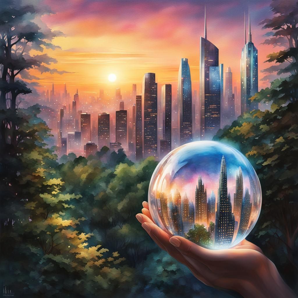 Watercolor Hand Cradling Futuristic City Orb