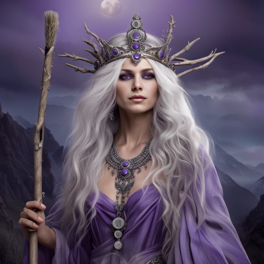 Goddess with Broom in Mystical Landscape