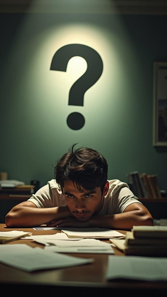 Confused Student with Question Mark in Cinematic Style