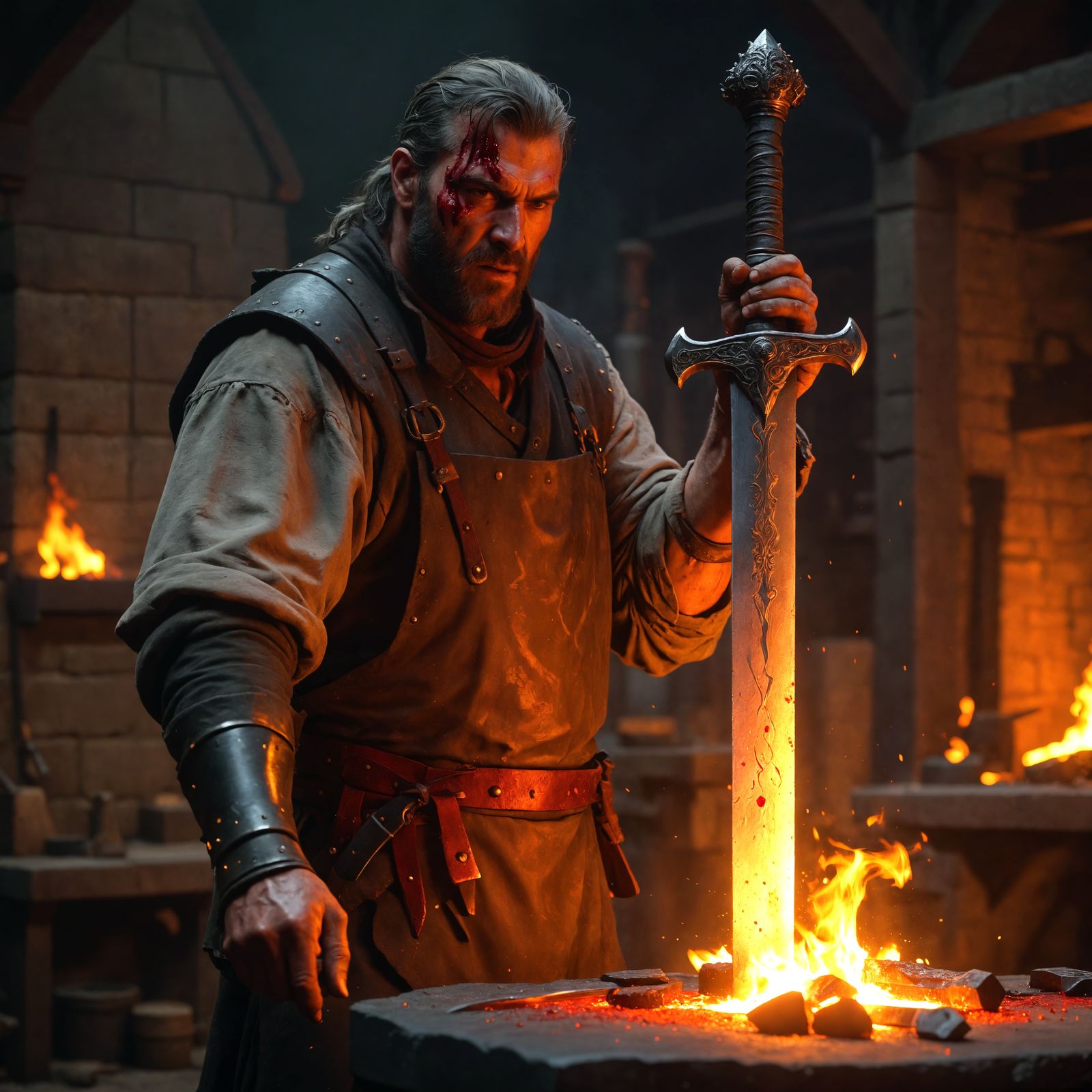 Bloodied Blacksmith and Hot Sword in Detailed Matte Painting