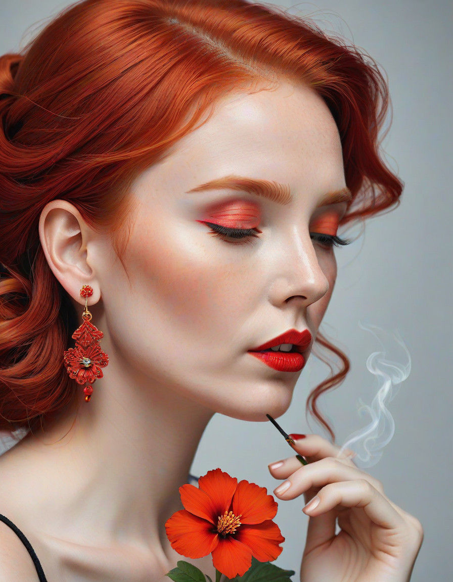 A Red Haired Woman Admires a Red Flower