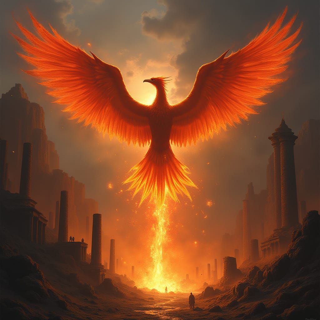 Fiery Phoenix Rising from Ancient Ruins