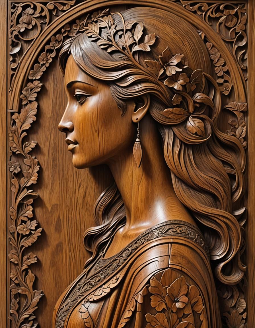 Art Nouveau Carved Wood Panel of a Woman