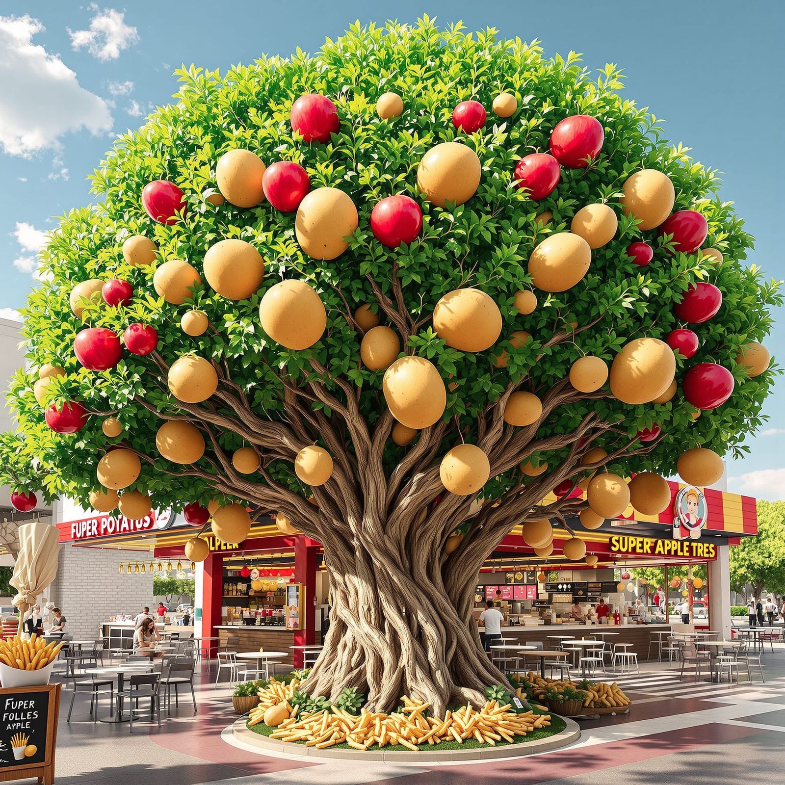 Futuristic Super Apple Potato Tree in Fast Food Restaurant