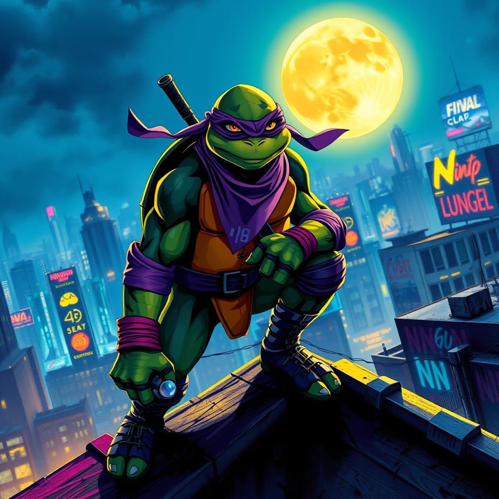 Donatello in Cyberpunk Cityscape
